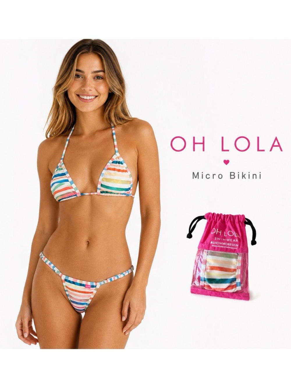 Oh Lola Swimwear Multicolor Stripe Micro Bikini + Pouch | Size Small